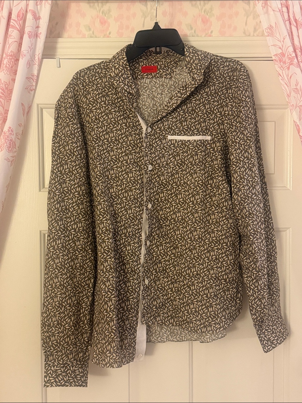 Isaia Brown and White Printed Linen Long Sleeve Shirt